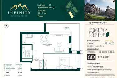 Rzut - Mieszkanie na sprzedaż 2 pokoje o powierzchni 51,82 m² - numer B1/0/1 w Infinity Mountain Resort etap 2