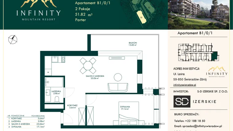 Rzut - Mieszkanie na sprzedaż 2 pokoje o powierzchni 51,82 m² - numer B1/0/1 w Infinity Mountain Resort etap 2