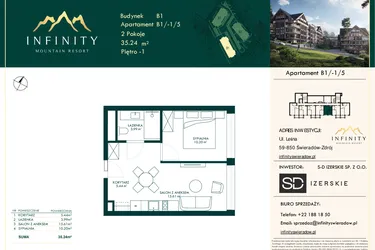 Rzut - Mieszkanie na sprzedaż 2 pokoje o powierzchni 35,24 m² - numer B1/-1/5 w Infinity Mountain Resort etap 2