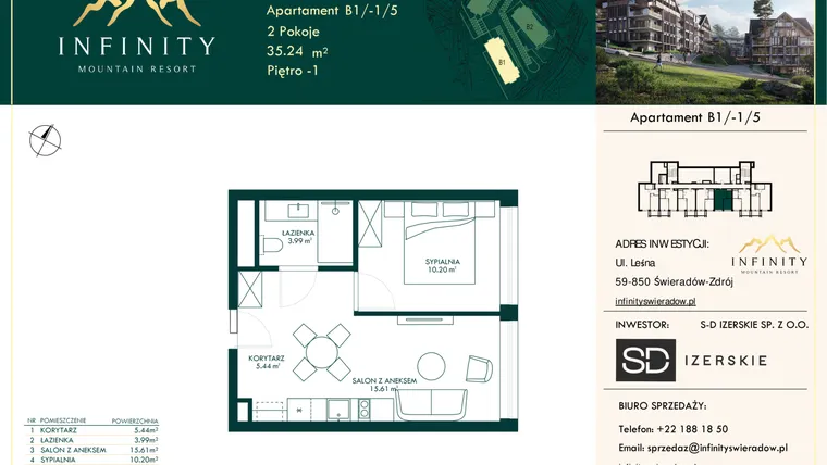 Rzut - Mieszkanie na sprzedaż 2 pokoje o powierzchni 35,24 m² - numer B1/-1/5 w Infinity Mountain Resort etap 2