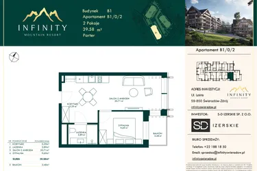 Rzut - Mieszkanie na sprzedaż 2 pokoje o powierzchni 39,58 m² - numer B1/0/2 w Infinity Mountain Resort etap 2