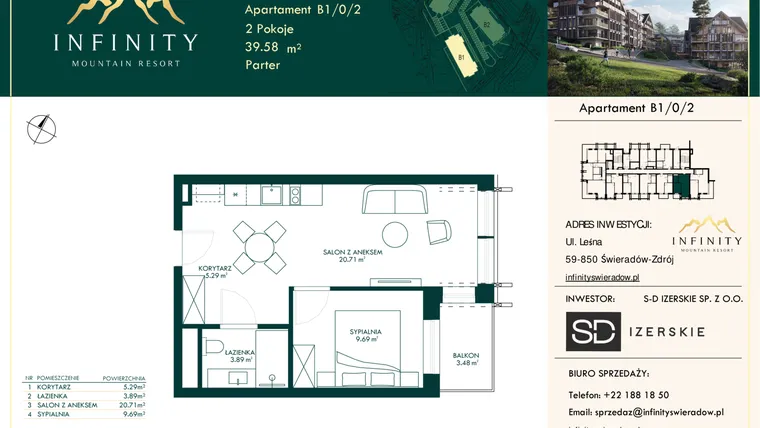 Rzut - Mieszkanie na sprzedaż 2 pokoje o powierzchni 39,58 m² - numer B1/0/2 w Infinity Mountain Resort etap 2