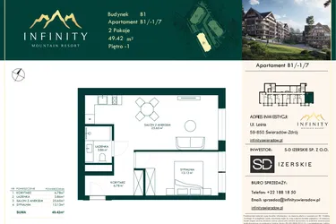 Rzut - Mieszkanie na sprzedaż 2 pokoje o powierzchni 49,42 m² - numer B1/-1/7 w Infinity Mountain Resort etap 2