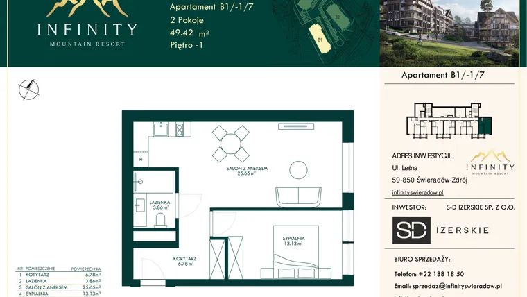 Rzut - Mieszkanie na sprzedaż 2 pokoje o powierzchni 49,42 m² - numer B1/-1/7 w Infinity Mountain Resort etap 2