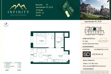 Rzut - Mieszkanie na sprzedaż 2 pokoje o powierzchni 33,39 m² - numer B1/0/8 w Infinity Mountain Resort etap 2