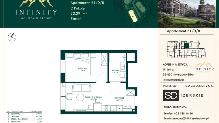 Rzut - Mieszkanie na sprzedaż 2 pokoje o powierzchni 33,39 m² - numer B1/0/8 w Infinity Mountain Resort etap 2