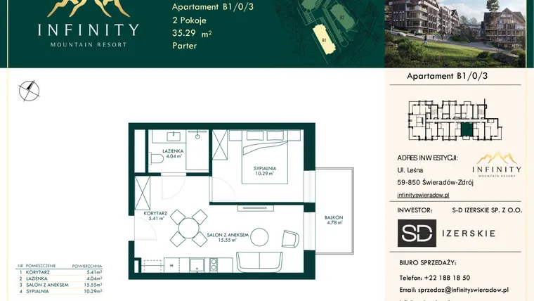 Rzut - Mieszkanie na sprzedaż 2 pokoje o powierzchni 35,29 m² - numer B1/0/3 w Infinity Mountain Resort etap 2