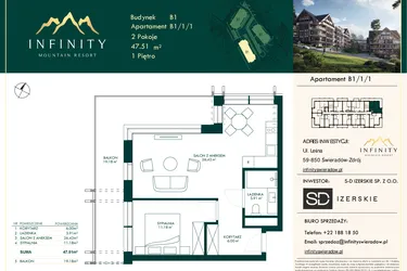 Rzut - Mieszkanie na sprzedaż 2 pokoje o powierzchni 47,51 m² - numer B1/1/1 w Infinity Mountain Resort etap 2