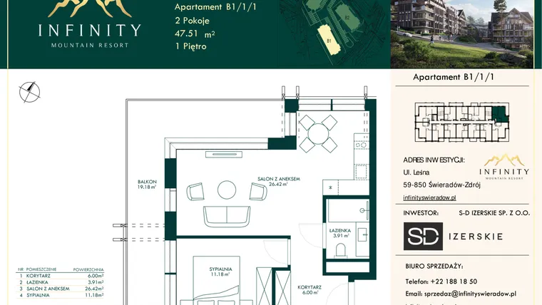 Rzut - Mieszkanie na sprzedaż 2 pokoje o powierzchni 47,51 m² - numer B1/1/1 w Infinity Mountain Resort etap 2