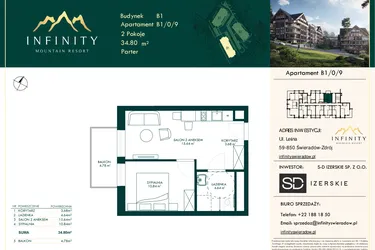 Rzut - Mieszkanie na sprzedaż 2 pokoje o powierzchni 34,8 m² - numer B1/0/9 w Infinity Mountain Resort etap 2