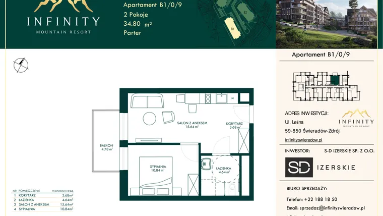 Rzut - Mieszkanie na sprzedaż 2 pokoje o powierzchni 34,8 m² - numer B1/0/9 w Infinity Mountain Resort etap 2