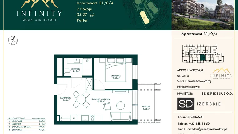 Rzut - Mieszkanie na sprzedaż 2 pokoje o powierzchni 35,27 m² - numer B1/0/4 w Infinity Mountain Resort etap 2