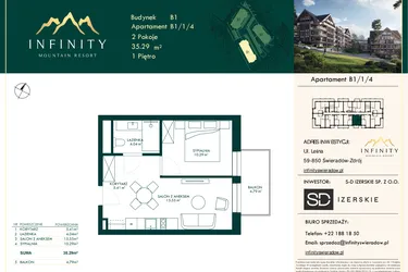 Rzut - Mieszkanie na sprzedaż 2 pokoje o powierzchni 35,29 m² - numer B1/1/4 w Infinity Mountain Resort etap 2