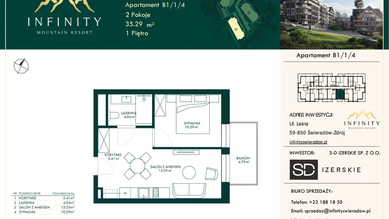 Rzut - Mieszkanie na sprzedaż 2 pokoje o powierzchni 35,29 m² - numer B1/1/4 w Infinity Mountain Resort etap 2