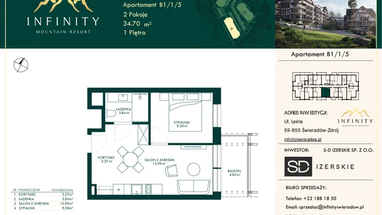 Rzut - Mieszkanie na sprzedaż 2 pokoje o powierzchni 34,7 m² - numer B1/1/5 w Infinity Mountain Resort etap 2