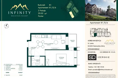 Rzut - Mieszkanie na sprzedaż 2 pokoje o powierzchni 39,05 m² - numer B1/0/6 w Infinity Mountain Resort etap 2