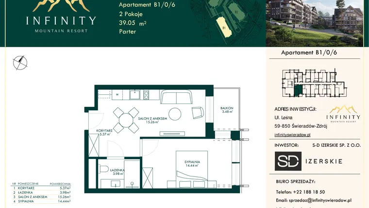 Rzut - Mieszkanie na sprzedaż 2 pokoje o powierzchni 39,05 m² - numer B1/0/6 w Infinity Mountain Resort etap 2