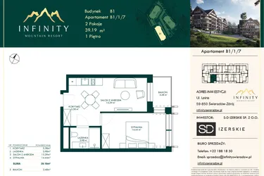 Rzut - Mieszkanie na sprzedaż 2 pokoje o powierzchni 39,19 m² - numer B1/1/7 w Infinity Mountain Resort etap 2