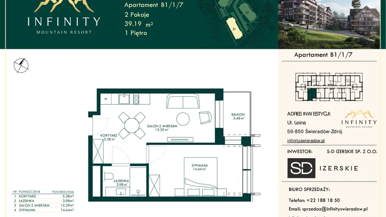 Rzut - Mieszkanie na sprzedaż 2 pokoje o powierzchni 39,19 m² - numer B1/1/7 w Infinity Mountain Resort etap 2
