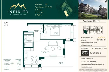 Rzut - Mieszkanie na sprzedaż 2 pokoje o powierzchni 51,7 m² - numer B1/1/8 w Infinity Mountain Resort etap 2
