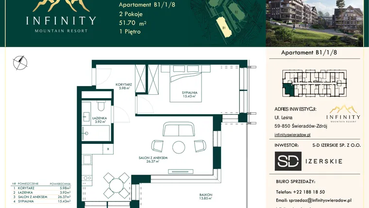 Rzut - Mieszkanie na sprzedaż 2 pokoje o powierzchni 51,7 m² - numer B1/1/8 w Infinity Mountain Resort etap 2
