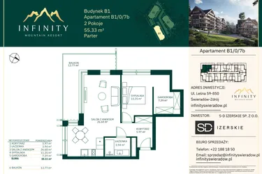 Rzut - Mieszkanie na sprzedaż 2 pokoje o powierzchni 55,33 m² - numer B1/0/7b w Infinity Mountain Resort etap 2