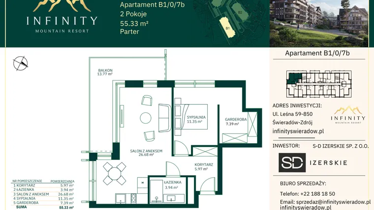 Rzut - Mieszkanie na sprzedaż 2 pokoje o powierzchni 55,33 m² - numer B1/0/7b w Infinity Mountain Resort etap 2