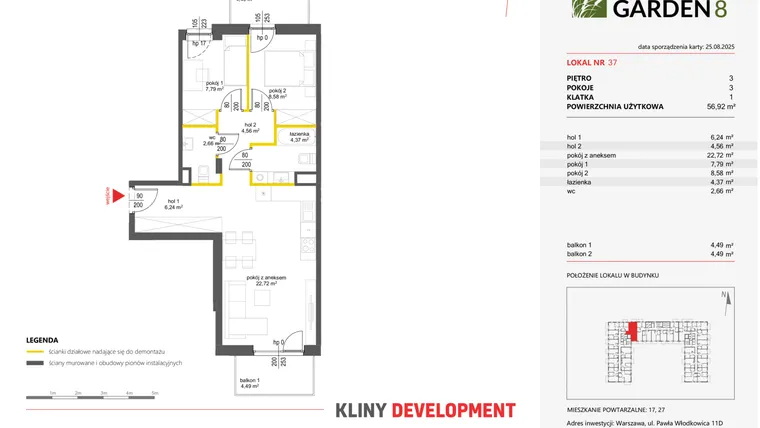Rzut - Mieszkanie na sprzedaż 3 pokoje o powierzchni 56,92 m² - numer 37 w Nova Viva Garden 8