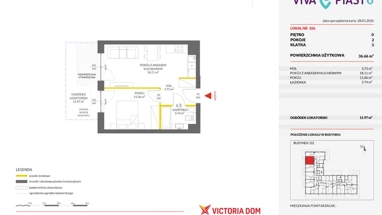 Rzut - Mieszkanie na sprzedaż 2 pokoje o powierzchni 36,71 m² - numer 106 w Viva Piast 6