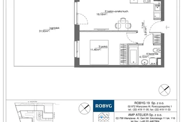 Rzut - Mieszkanie na sprzedaż 2 pokoje o powierzchni 38,68 m² - numer RM/2B/H/0/4 w Rytm Mokotowa - etap 2B