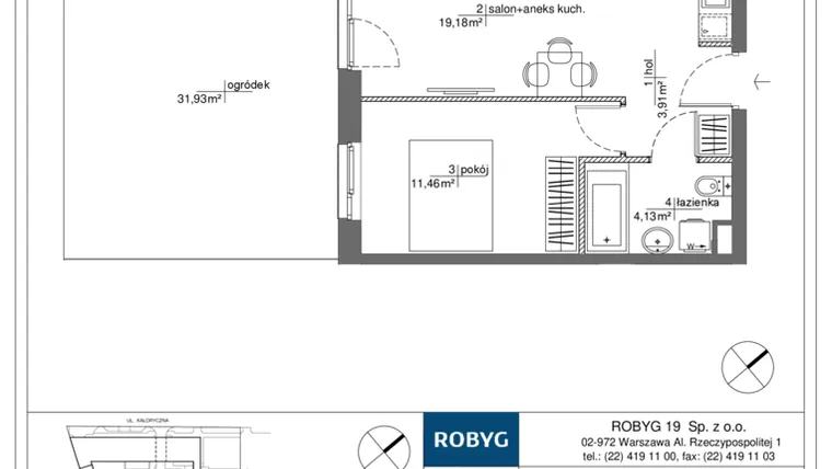 Rzut - Mieszkanie na sprzedaż 2 pokoje o powierzchni 38,68 m² - numer RM/2B/H/0/4 w Rytm Mokotowa - etap 2B