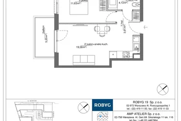 Rzut - Mieszkanie na sprzedaż 2 pokoje o powierzchni 39,05 m² - numer RM/2B/H/1/6 w Rytm Mokotowa - etap 2B