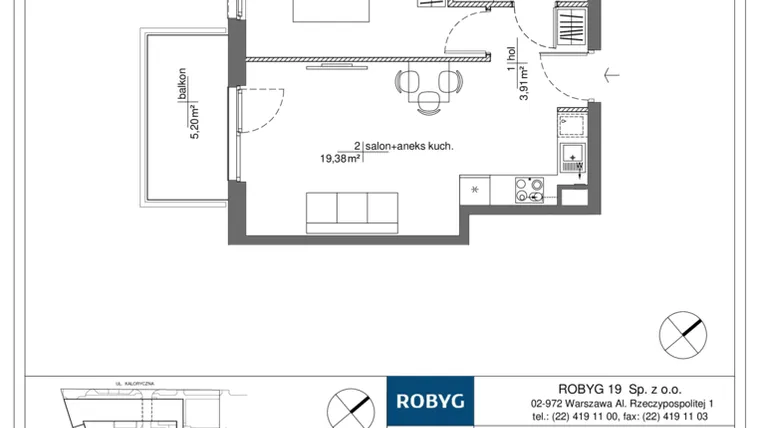Rzut - Mieszkanie na sprzedaż 2 pokoje o powierzchni 39,05 m² - numer RM/2B/H/1/6 w Rytm Mokotowa - etap 2B