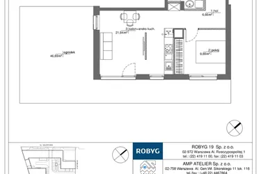 Rzut - Mieszkanie na sprzedaż 2 pokoje o powierzchni 42,86 m² - numer RM/2B/H/0/2 w Rytm Mokotowa - etap 2B