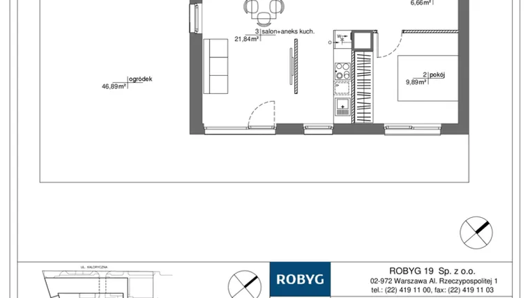 Rzut - Mieszkanie na sprzedaż 2 pokoje o powierzchni 42,86 m² - numer RM/2B/H/0/2 w Rytm Mokotowa - etap 2B