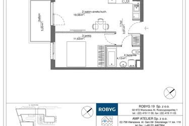 Rzut - Mieszkanie na sprzedaż 2 pokoje o powierzchni 39,05 m² - numer RM/2B/H/2/4 w Rytm Mokotowa - etap 2B