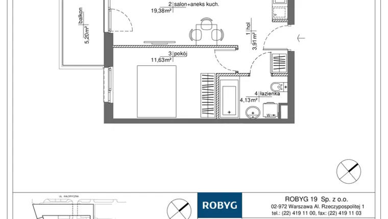 Rzut - Mieszkanie na sprzedaż 2 pokoje o powierzchni 39,05 m² - numer RM/2B/H/2/4 w Rytm Mokotowa - etap 2B