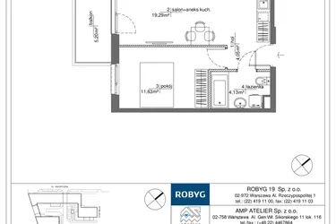 Rzut - Mieszkanie na sprzedaż 2 pokoje o powierzchni 39,1 m² - numer RM/2B/H/3/7 w Rytm Mokotowa - etap 2B