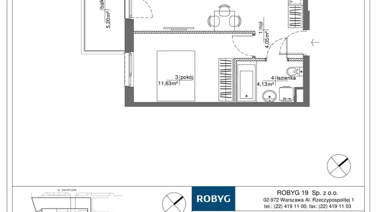 Rzut - Mieszkanie na sprzedaż 2 pokoje o powierzchni 39,1 m² - numer RM/2B/H/3/7 w Rytm Mokotowa - etap 2B