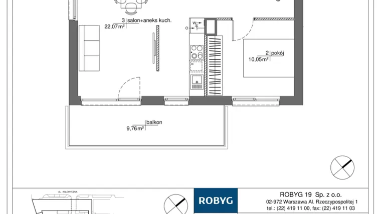 Rzut - Mieszkanie na sprzedaż 2 pokoje o powierzchni 43,25 m² - numer RM/2B/H/4/2 w Rytm Mokotowa - etap 2B