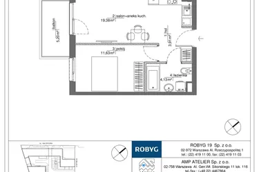 Rzut - Mieszkanie na sprzedaż 2 pokoje o powierzchni 39,05 m² - numer RM/2B/H/1/4 w Rytm Mokotowa - etap 2B