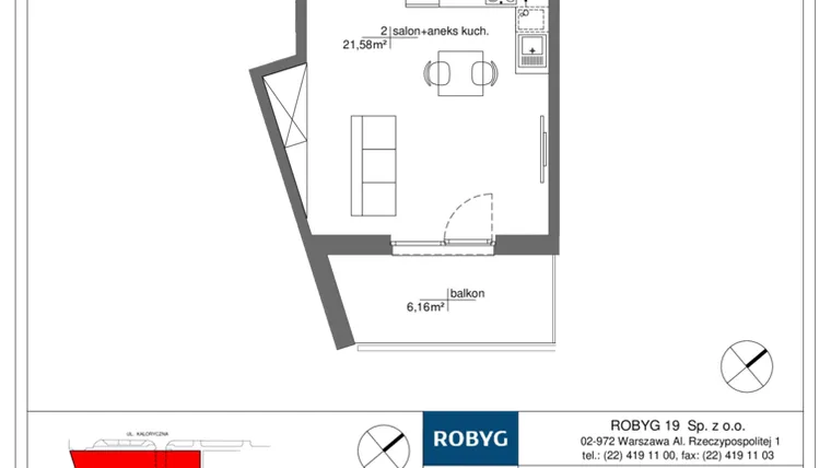 Rzut - Mieszkanie na sprzedaż 1 pokój o powierzchni 28,99 m² - numer RM/2B/K/4/2 w Rytm Mokotowa - etap 2B