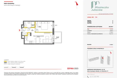 Rzut - Mieszkanie na sprzedaż 2 pokoje o powierzchni 39 m² - numer 118 w Miasteczko Julianów