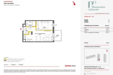 Rzut - Mieszkanie na sprzedaż 2 pokoje o powierzchni 38,43 m² - numer 107 w Miasteczko Julianów