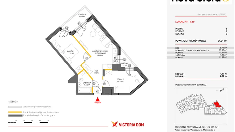 Rzut - Mieszkanie na sprzedaż 3 pokoje o powierzchni 54,91 m² - numer 129 w Miasteczko Nova Sfera 5