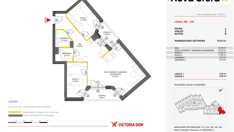 Rzut - Mieszkanie na sprzedaż 3 pokoje o powierzchni 74,25 m² - numer 136 w Miasteczko Nova Sfera 5