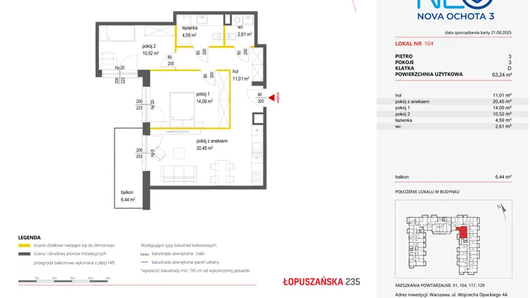 Rzut - Mieszkanie na sprzedaż 3 pokoje o powierzchni 63,24 m² - numer 104 w Neo Nova Ochota 3