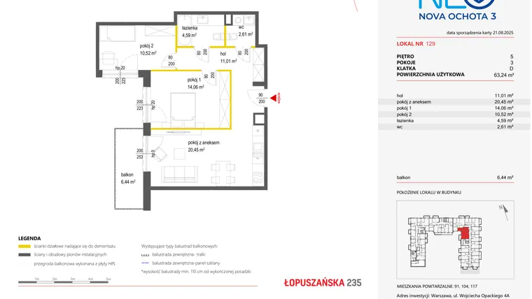 Rzut - Mieszkanie na sprzedaż 3 pokoje o powierzchni 63,24 m² - numer 129 w Neo Nova Ochota 3