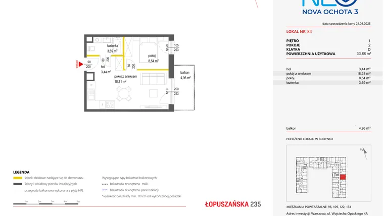 Rzut - Mieszkanie na sprzedaż 2 pokoje o powierzchni 33,88 m² - numer 83 w Neo Nova Ochota 3