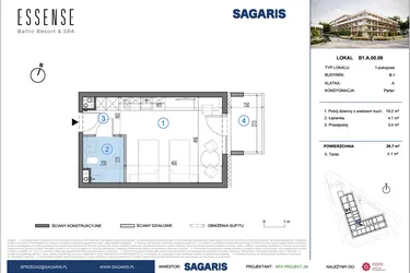 Rzut - Mieszkanie na sprzedaż 1 pokój o powierzchni 26,7 m² - numer B1.A.00.09 w ESSENSE Baltic Resort&SPA 2 - apartamenty inwestycyjne